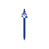 A blue PVC pen featuring a cheerful shark design on the top, with a clip for easy attachment.