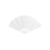A collection of transparent plastic hand fans arranged in a fanned-out shape, featuring a central hub.