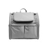 A grey pet backpack carrier featuring an expandable design and multiple storage pockets. It has a handle and straps.
