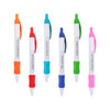 A set of six colourful pens with various message options and grips, including orange, pink, blue, green, and white.