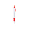 A pen with a white barrel, red accents, and a section for rotating messages. Features a logo on the side.