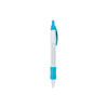 A white pen with turquoise accents and a transparent window. It features a click mechanism and a grip section.
