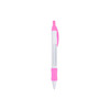 A pen with a white barrel and bright pink grip and clip, featuring a transparent window.