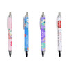 Four ballpoint pens in pink, blue, purple, and white, featuring various colourful designs and a logo.