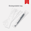 A black aluminum gel pen displayed in a biodegradable bag, alongside two empty bags. The product has a logo.