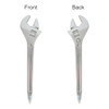 A spanner-shaped ballpoint pen in silver with a front and back view. It features a logo.