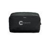 A black packing cube with a zip closure and a mesh top, featuring a logo on the front.