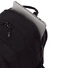 A black backpack with multiple zippered compartments, featuring a laptop partially visible from one of the openings.