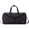 A black duffel bag with a flap, adjustable shoulder strap, and dual handles. It features a logo on the side.