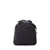 A black duffel bag with a wide opening, featuring a handle and shoulder strap attachments, and a loop on the front.