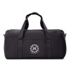 A black duffel bag with straps and a logo on the front, featuring a zippered compartment.