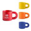 A set of four ceramic coffee mugs in red, yellow, orange, and blue, featuring a logo on the red mug.