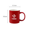 A red ceramic mug with a white logo featuring a fork and spoon, measuring 8.1cm in diameter and 9.6cm in height.