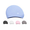 A light blue silicone swimming cap featuring textured water droplets, accompanied by caps in black, white, pink, and grey.