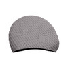 A premium silicone swimming cap in grey, featuring a textured surface with water droplet patterns and a logo.