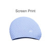 A premium silicone swimming cap in light blue, featuring a textured surface and a logo.