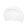 A white silicone swimming cap with a textured surface featuring cube grain patterns and a logo.