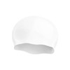 A seamless silicone swimming cap in white, featuring a smooth design and a logo.