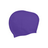A purple silicone swim cap designed for women with long hair. Features a smooth, sleek surface and a logo.