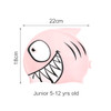 A pink silicone swim cap featuring a fish design with a smiling face and sharp teeth. Measures 22cm by 18cm.