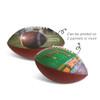 A promotional American football featuring a textured brown surface and vibrant printed graphics. It includes a logo.