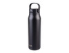 A drink bottle in matte black with a secure lid and a carry handle, featuring a logo on the side.