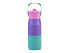 A drink bottle featuring a purple body, pink lid, and aqua base, with a handle and a logo.