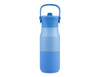 A drink bottle in shades of blue, with a handle and a screw-on lid. It features a logo on the front.