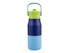 A drink bottle with a navy blue, light blue, and lime green design. It features a handle and a logo.