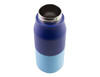 A drink bottle featuring a two-tone design with a navy upper and light blue lower section, complete with a logo.
