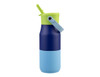 A drink bottle featuring a blue, navy, and green insulated design with a straw lid and a logo.