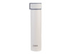 A drink bottle in white with a grey lid and a logo. It features an insulated, slim design for easy handling.