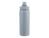 A drink bottle in matte grey with a quick release cap and a logo on the side.