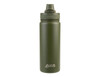 A drink bottle in olive green featuring a quick release cap and a logo on the front.