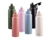 A drink bottle collection featuring green, pink, grey, black, white, and terracotta options, each with a quick release cap.