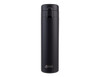 A drink bottle, black insulated flip-top flask with a sleek design and a logo on the front.