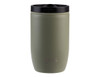 A drink bottle featuring a matte olive green finish with a black lid and a logo. Insulated and leakproof design.