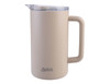 A drink bottle in a soft beige colour with a clear lid and a sturdy handle, featuring a brand logo.