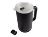 A drink bottle featuring a sleek black ceramic lined design, triple insulated, with a clear lid and handle, plus a lid cap.