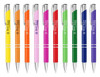 A collection of Argento lacquer pens in yellow, orange, pink, red, green, and blue, featuring silver accents and branding.