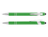 A green stylus pen with chrome accents and a black rubber tip, featuring a logo on the barrel.