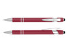 A stylus pen in a deep red colour with silver accents and a rubber tip for touchscreen use. It features a branding logo.