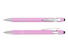 A pink stylus pen with chrome accents, featuring a ballpoint tip and a touch screen stylus tip. It has a logo.
