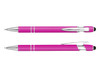 A pink stylus pen with chrome accents and a clip, featuring a rubber tip at one end. It includes a logo.