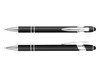 A black stylus pen with chrome accents, featuring a click mechanism and a rubber tip, alongside a matching ballpoint pen.