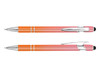 A stylus pen featuring a pink and orange body with chrome accents and a black stylus tip.