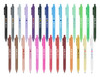 A collection of Virgo ball point pens in various colours including black, blue, green, and pink, arranged in rows.