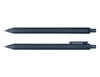 Two navy blue ballpoint pens laid parallel, featuring a clip and a smooth design. The pens have a simple branding logo.
