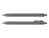 A grey ballpoint pen displayed from two angles, featuring a clip and smooth body design.