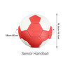 A red and white machine-stitched microfiber PU handball with hexagonal panels, featuring a logo. Dimensions indicated.